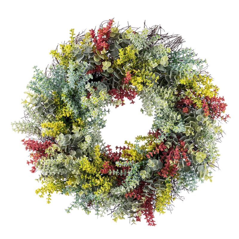Glitzhome 24"D Mixed Floral Eucalyptus Wreath Includes a Complimentary Black Metal Wreath Hanger