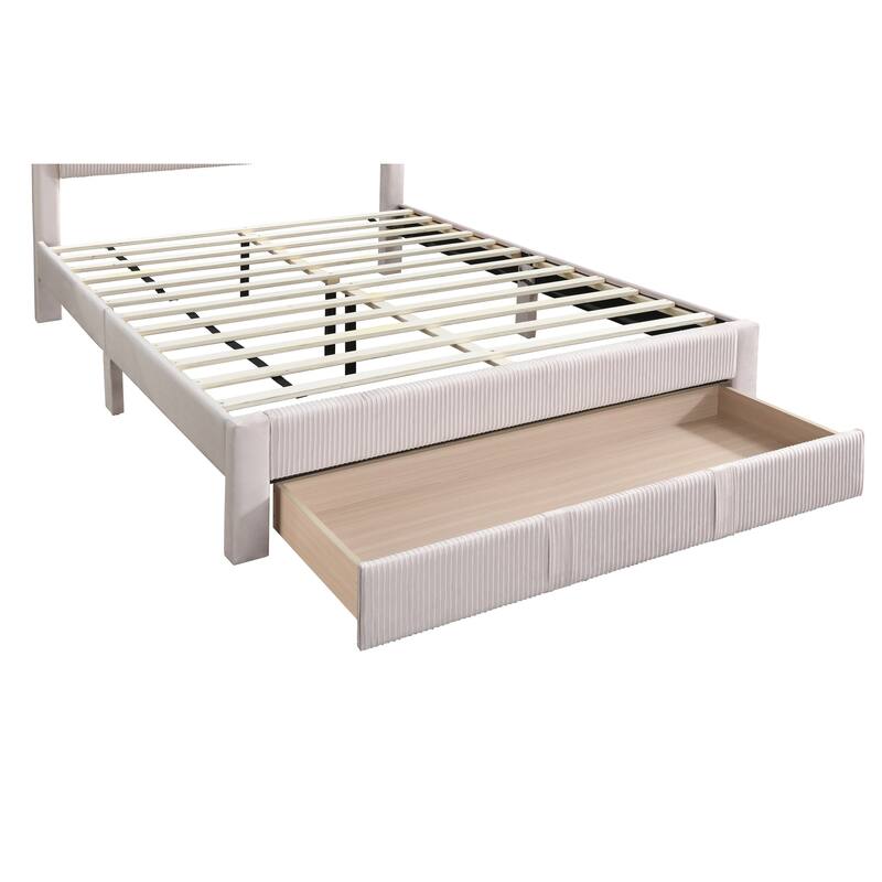 Queen Size Corduroy Platform Bed with Storage Drawer and Channel-Tufted Headboard and Contemporary Design