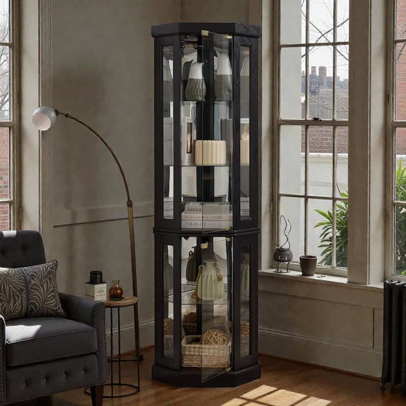 Lighted Corner Curio Cabinet with Glass Doors, Tall Display Case with Mirrored Back for Living Room