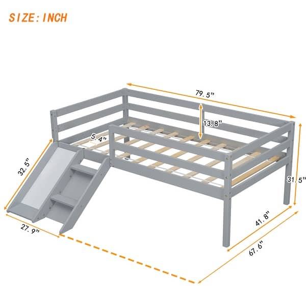 Grey Twin Size Pine Wood Low Loft Bed with Slide and Ladder - Bed Bath ...