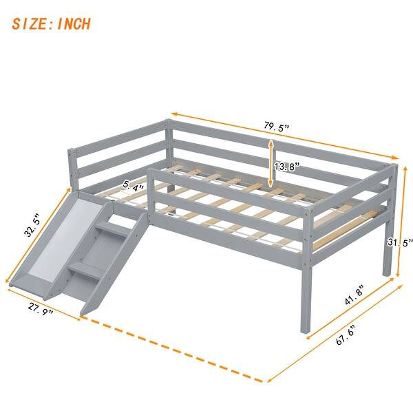 dimension image slide 0 of 2, Twin Size Pine Wood Low Loft Bed with Slide, Ladder, Safety Guardrails