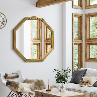 Octagon Brown Wood Framed Wall Mirror