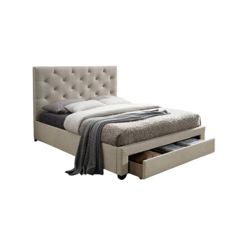 Sya Twin Size Bed w Button Tufted Upholstery, Underbed Storage, Beige