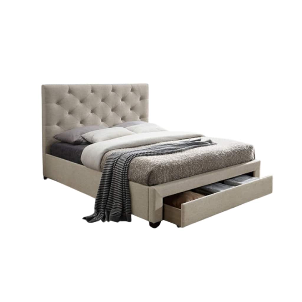 Sya Twin Size Bed w Button Tufted Upholstery, Underbed Storage, Beige