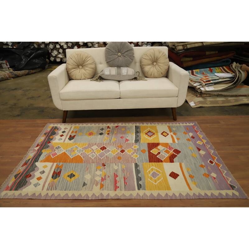 Hand Woven Oriental 100% Wool Carpet Southwestern Tribal Multi-Colored Kilim Area Rug - 6' 2'' X 4' 0''