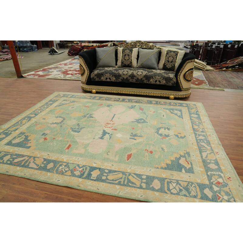 Vegetable Dye Green Oushak Turkish Area Rug, Floral Geometric Carpet - 10' 5'' X 8' 2''