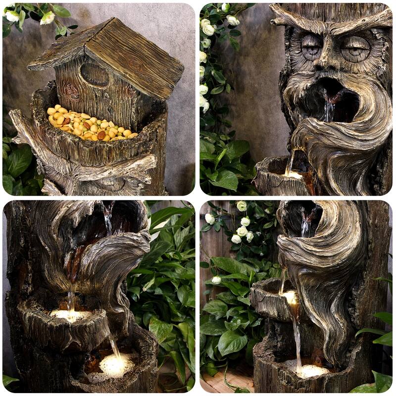 3-Tier Cascading Tree Trunk Water Fountain with LED Lights for Patio and Garden