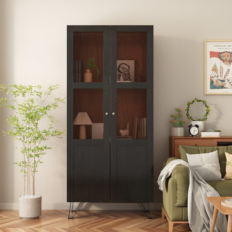 Buffet Sideborad Acrylic Glass Door Accent Wood Metal Storage Cabinet - Dakr Brown
