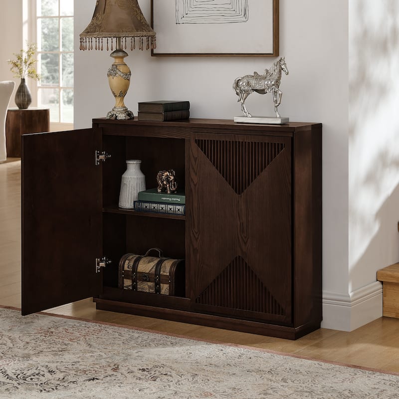 V-Shaped Fluted Storage Cabinet, Multi-Functional Narrow Side Cabinet, Wood Buffet Cabinet with 2 Doors & 2 Outlet Holes
