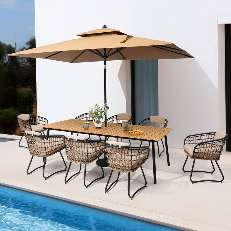 Outdoor 9PC- Patio Rectangular Aluminum Dining Table Sets with Umbrella Hole with Rattan Chair