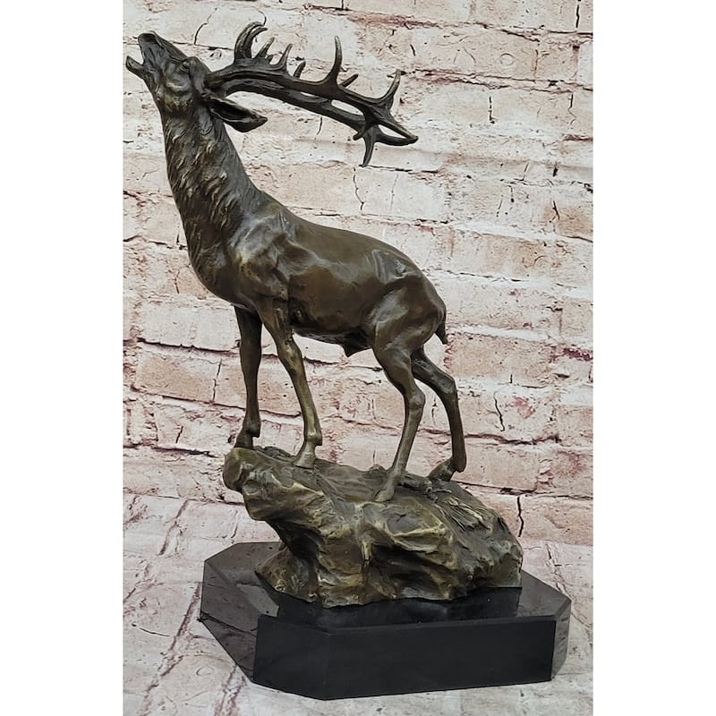 Chalet Lodge Art Elk Stag Buck Deer Hunter Bronze Marble Base Sculpture Statue