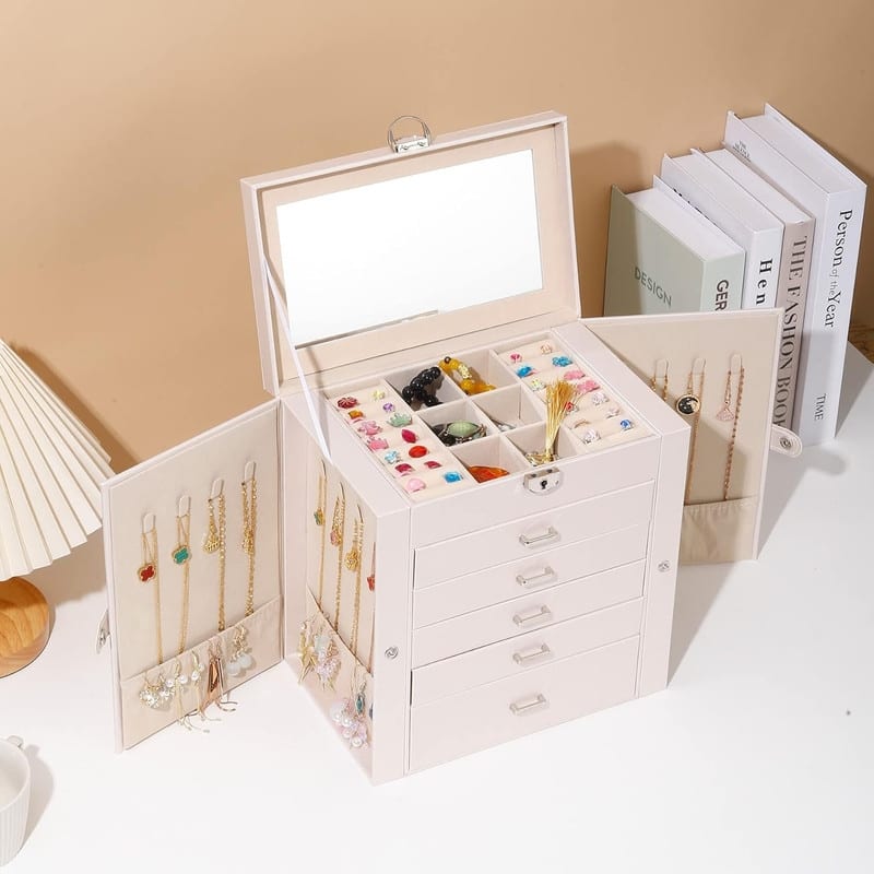6 Layer Large Jewelry Organizer With Mirror - 6.6"D x 10.6"W x 11"H