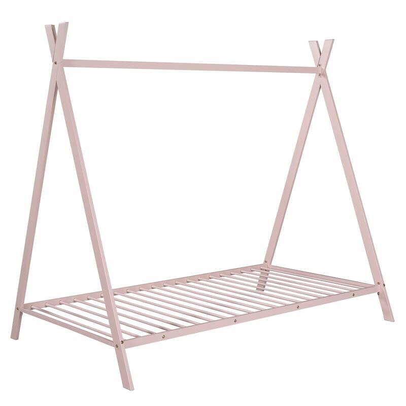 Twin Size Metal House Bed Frame for Kids with Slats, No Box Spring Needed, Pink
