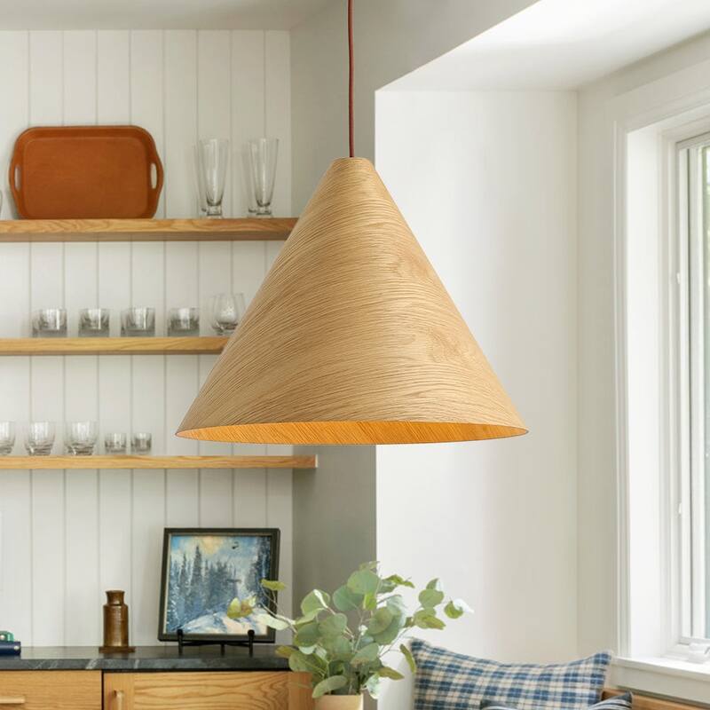 Scandinavian Wood Grain Large Tapered Conical Pendant Light 17.7in - Oak