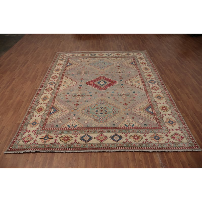 Hand Knotted Oriental 100% Wool Carpet Traditional Geometric Greys & Charcoal Kazak Area Rug - 11' 6'' X 8' 11''