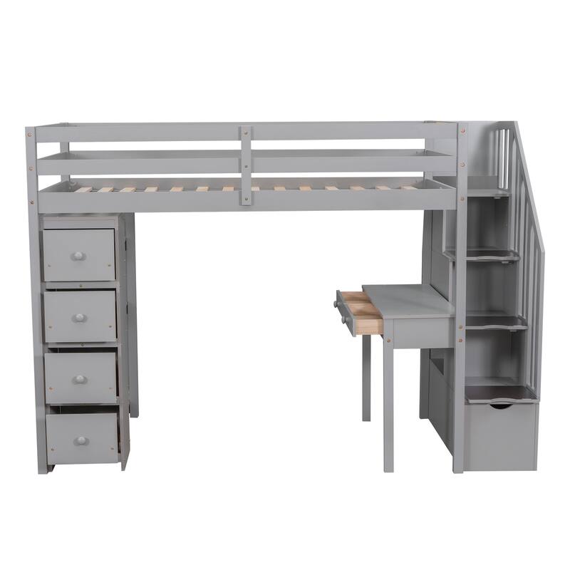 Wooden Twin Size Loft Bed with Desk,Storage Stairs,Drawers and Shelves