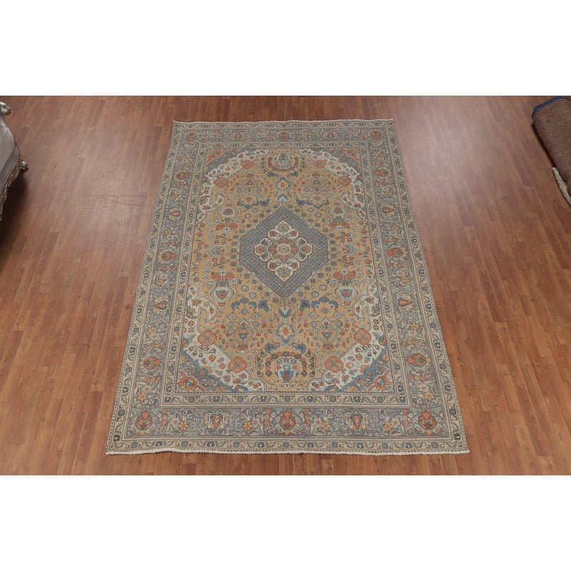 Geometric Pink Tabriz Persian Vintage Area Rug Handmade Wool Carpet - 7'6" x 11'5"
