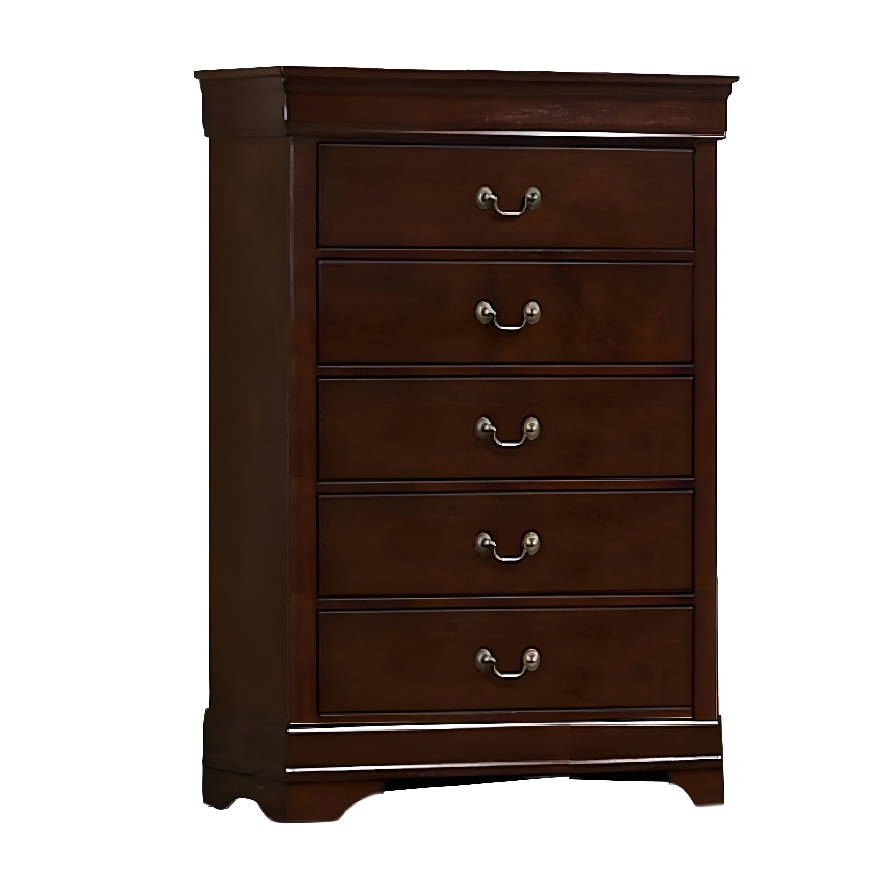 Benjara Ryla Tall Dresser Chest, 5 Drawers, Metal Handles, Cherry Brown Solid Wood