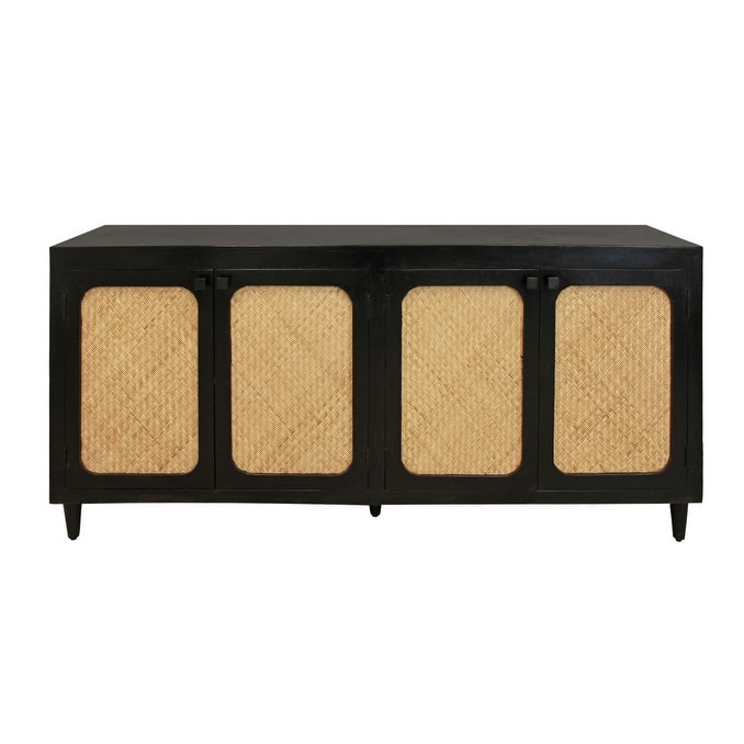 HomeRoots 82" Black Distressed Solid Wood Sideboard with Four Doors - 82.00 in. x 38.00 in. x 18.00 in.