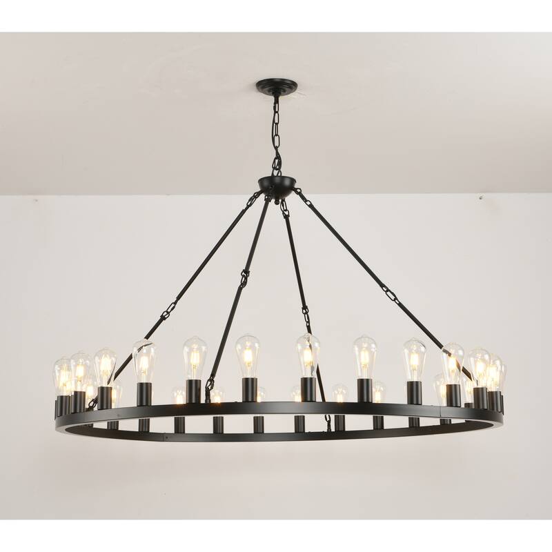 53.15 Inch Black Extra Large Wagon Wheel Chandelier, 28-Lights Round High Ceiling Adjustable Chain,E26