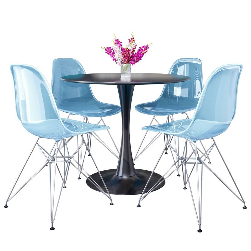 5-Piece Dining Set with 35" Round MDF Table and 4 ABS Plastic Side Chair in Chrome - Transparent Blue