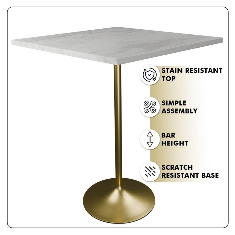 LeisureMod Verve Square Bar Dining Table with White Resin TableTop and Gold Steel Base for Kitchen & Dining Room