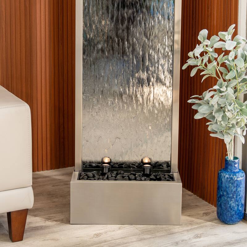 XBrand 68 in H Freestanding Waterfall Fountain, LED Lights & Auto-Shut Off Pump, Stainless Steel/Mirror Glass,Silver Frame