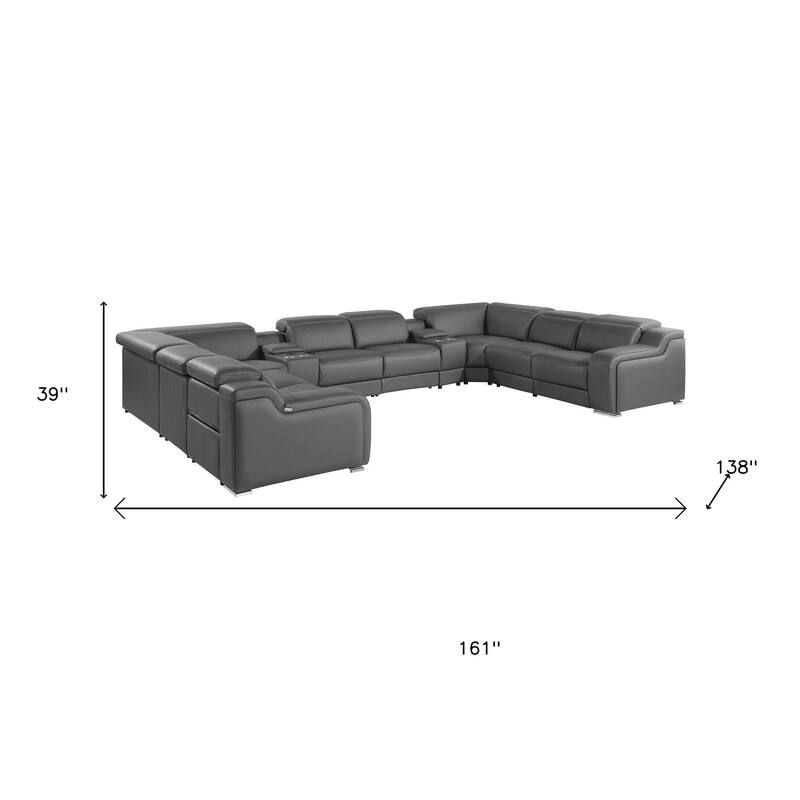 HomeRoots Dark Gray Italian Leather Power Reclining U Shaped Ten Piece Corner Sectional With Console