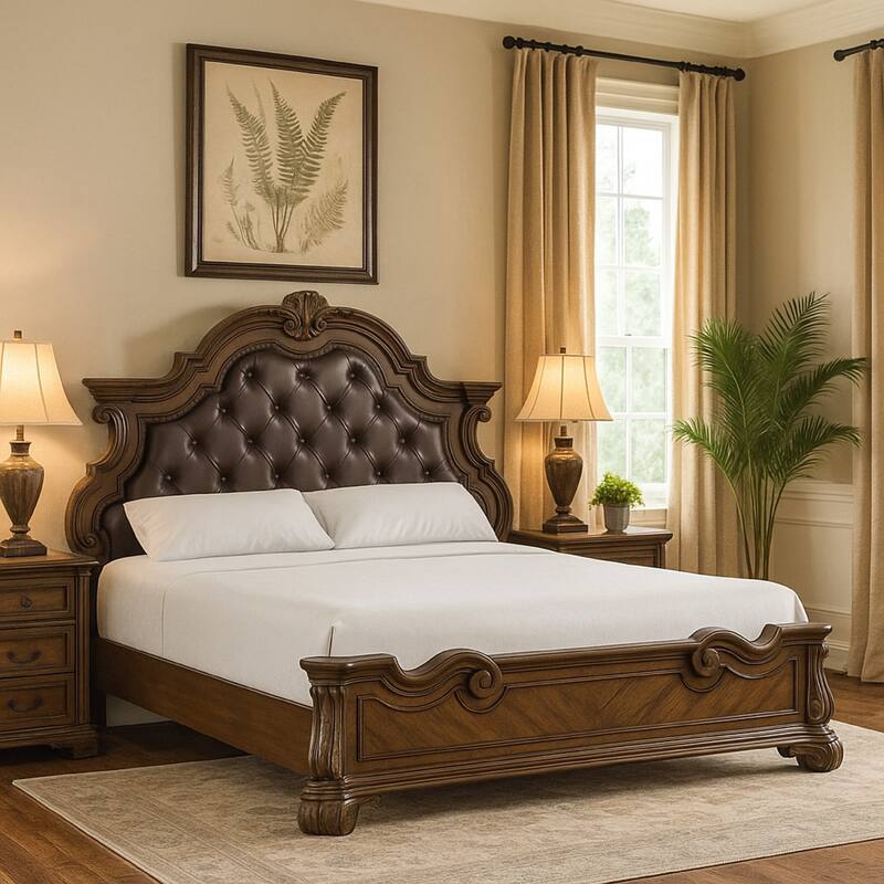 Leova Queen Bed, Bombay Headboard, Faux Leather Upholstery, Dark Brown