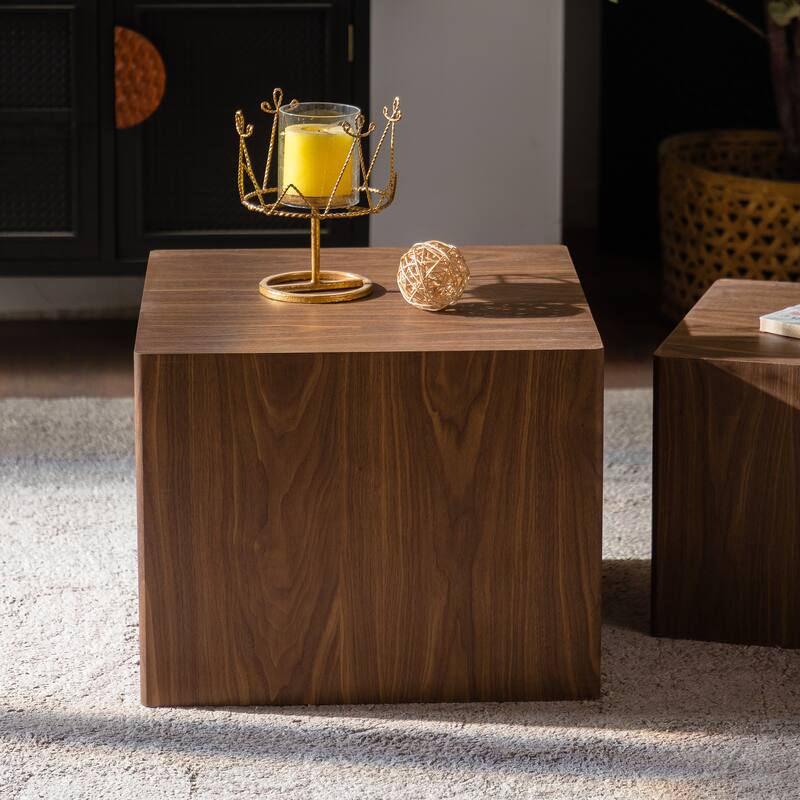 MDF Modern Nesting Imitation Wood Grain Coffee Table, Cube Side Table, Set for Small Space Living Room Bedroom-Set of 2