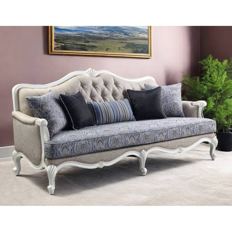 HomeRoots 88" Cream Linen Damask Sofa And Toss Pillows With White Legs - 88