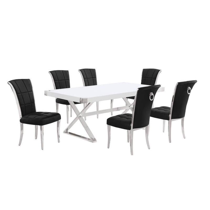 Best Quality Furniture D440/1-SC320-7 Dining Set 78" White Lacquer Wood Top