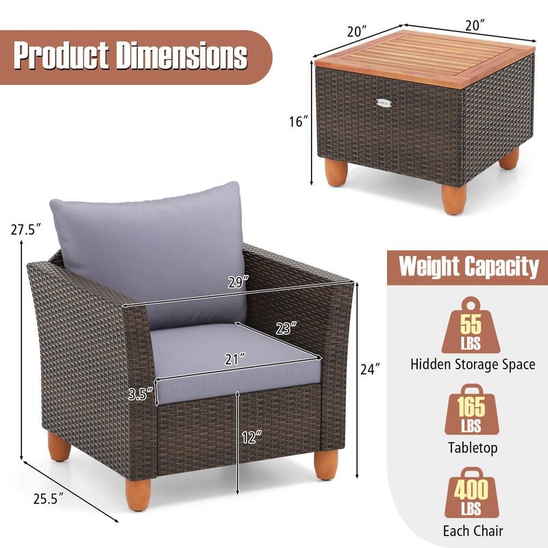 Gymax Set of 3 Rattan Bistro Furniture Set Wooden Table Top Cushioned
