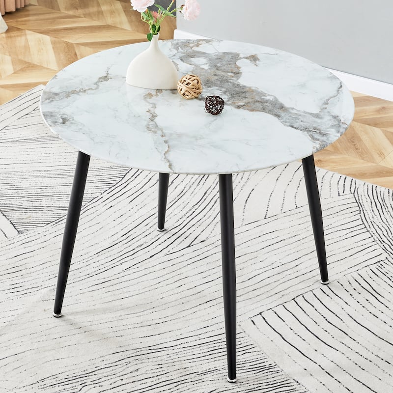 Dining Table With A Diameter Of 40 Inches, A 0.3 Inch Thick Imitation Marble Pattern Tabletop And Metal Legs 40 '* 40' * 30 ' - White