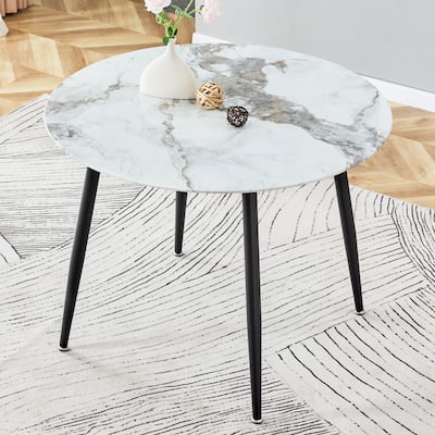 Dining Table With A Diameter Of 40 Inches, A 0.3 Inch Thick Imitation Marble Pattern Tabletop And Metal Legs 40 '* 40' * 30 '