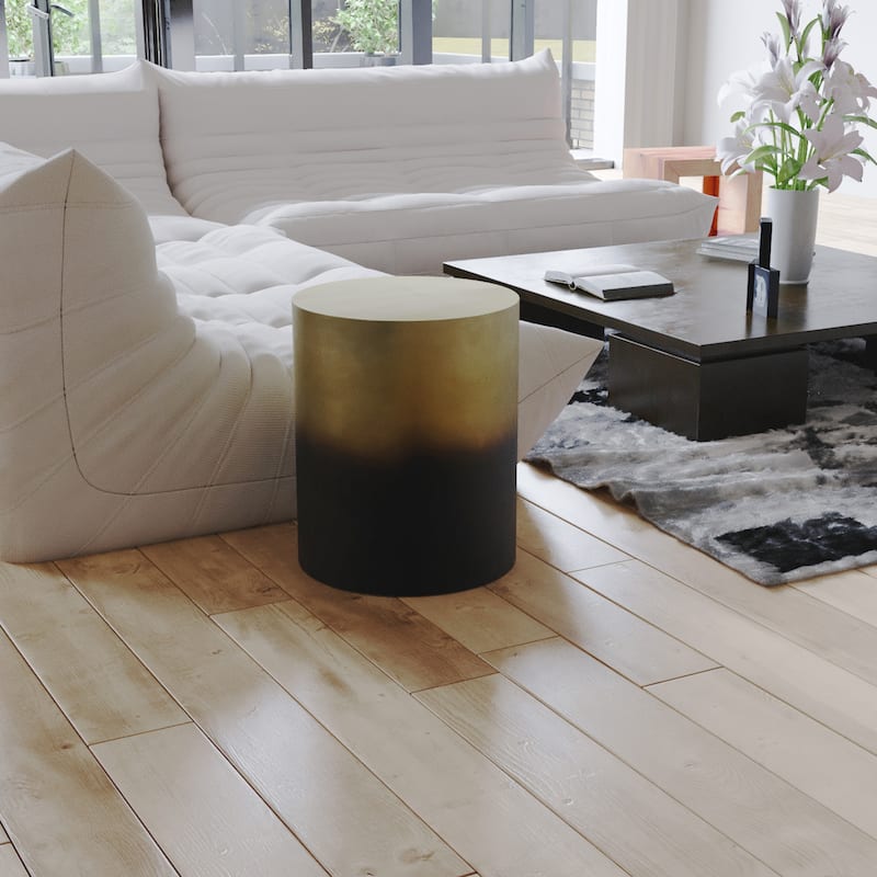 Dyan 20 Inch Side End Table, Round Drum Shape, Black Gold, Antique Brass Ombre - Antique Brass, Black