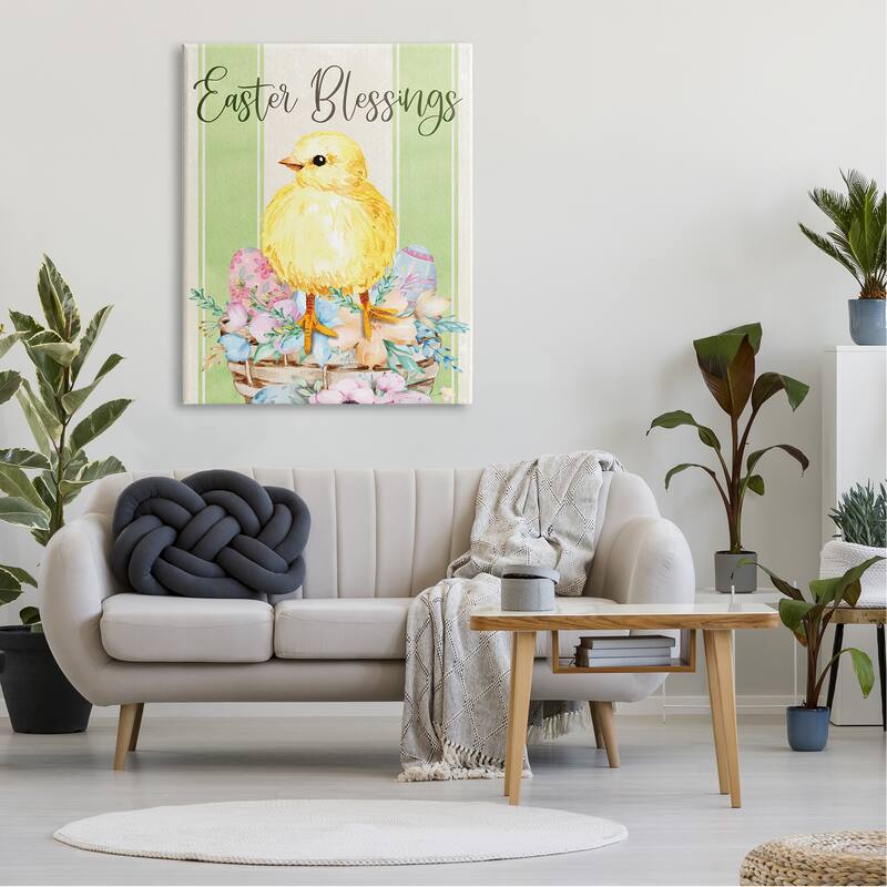 Stupell Easter Blessings Text Striped Yellow Chick Egg Basket Canvas Wall Art