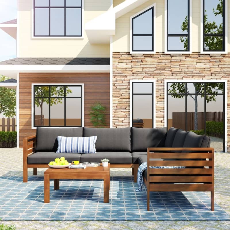 5-piece Modern Wooden Outdoor Sofa Set with Water-resistant Cushions - Grey