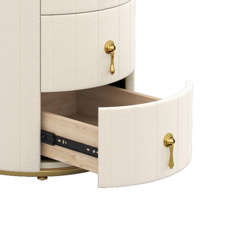 Round Nightstand with 3 Drawers, Velvet Upholstered Storage Cabinet, Sofa Side Table with Marble Table Top & Metal Legs