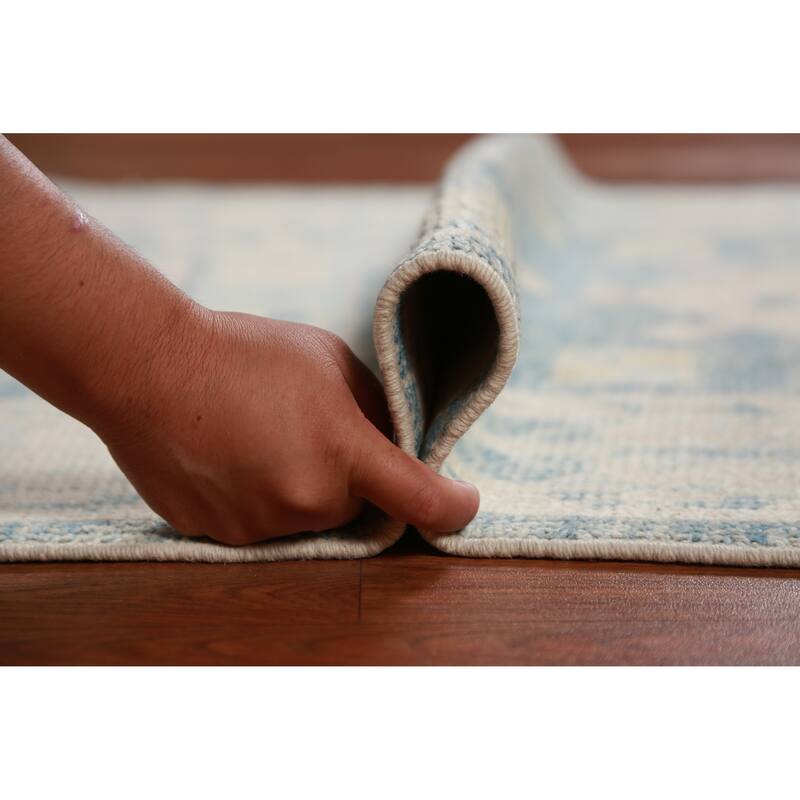 Hand Knotted Oriental 100% Wool Carpet Transitional Geometric Navy Blue & Blues Oushak Runner Rug - 17' 2'' X 3' 2''