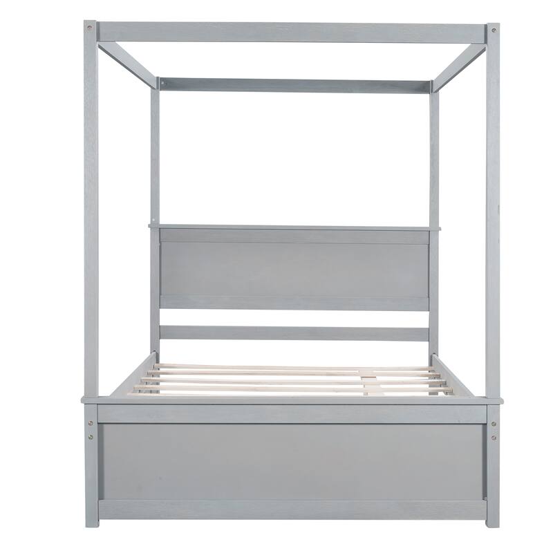 Full Size Canopy Platform Bed with Trundle, Solid Wood Frame, Support Slats Included