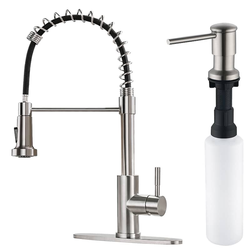 Pull Down Kitchen Faucet with Soap Dispenser in Stainless Steel - Silver