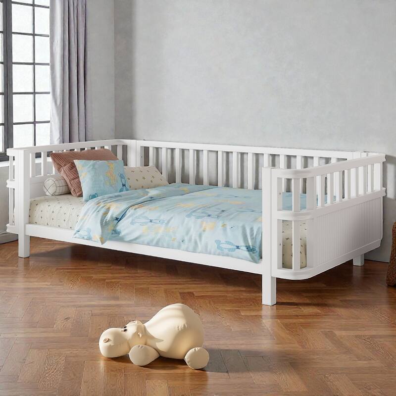 Kids Metal and Wood Platform Bed with Safety Rails, Low Profile Twin Full Children Bed for Boys and Girls - White - Twin