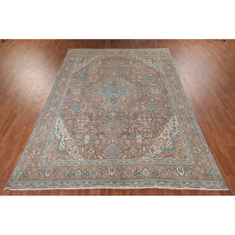 Brown Distressed Tabriz Vintage Persian Area Rug Handmade Wool Carpet - 8'3" x 11'4"