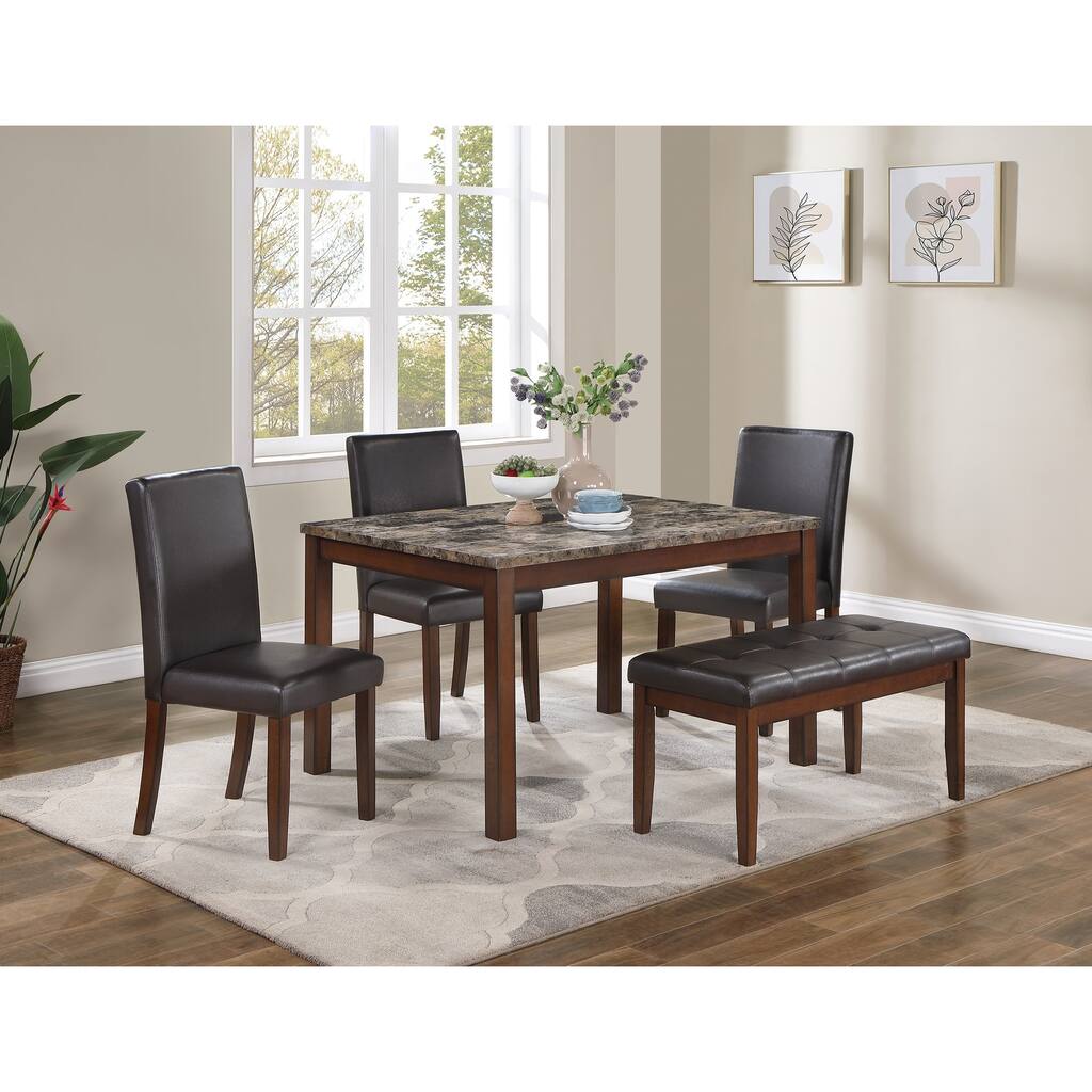 Classic Stylish Espresso Finish 5pc Dining Set Kitchen Dinette Faux Marble Top Table Bench and 3x Chairs Faux Leather Cu