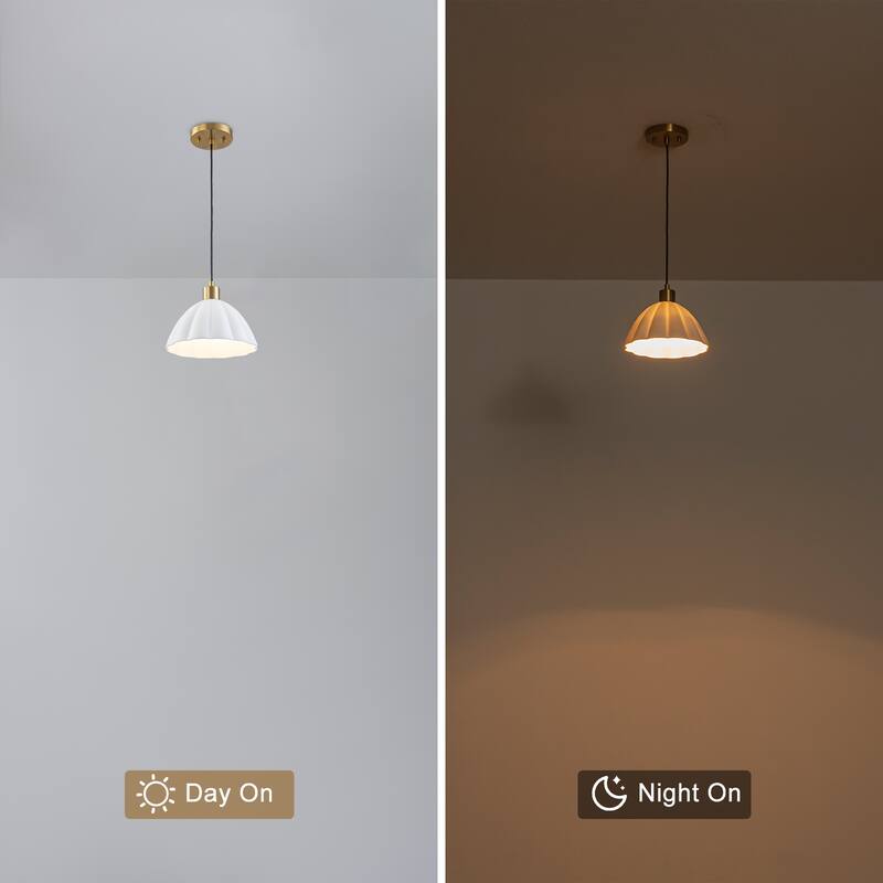 1-Light Pendant Light with Fluted White Ceramic Dome & Brass Accents - Dia.9.65-in