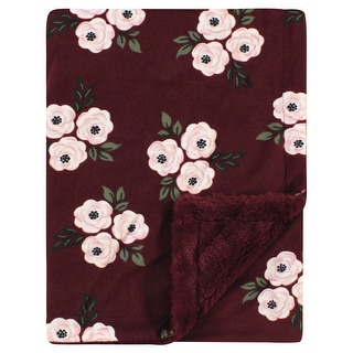 Hudson Baby Infant Girl Plush Blanket with Furry Binding and Back, Burgundy Floral, One Size - Burgundy Floral - One Size
