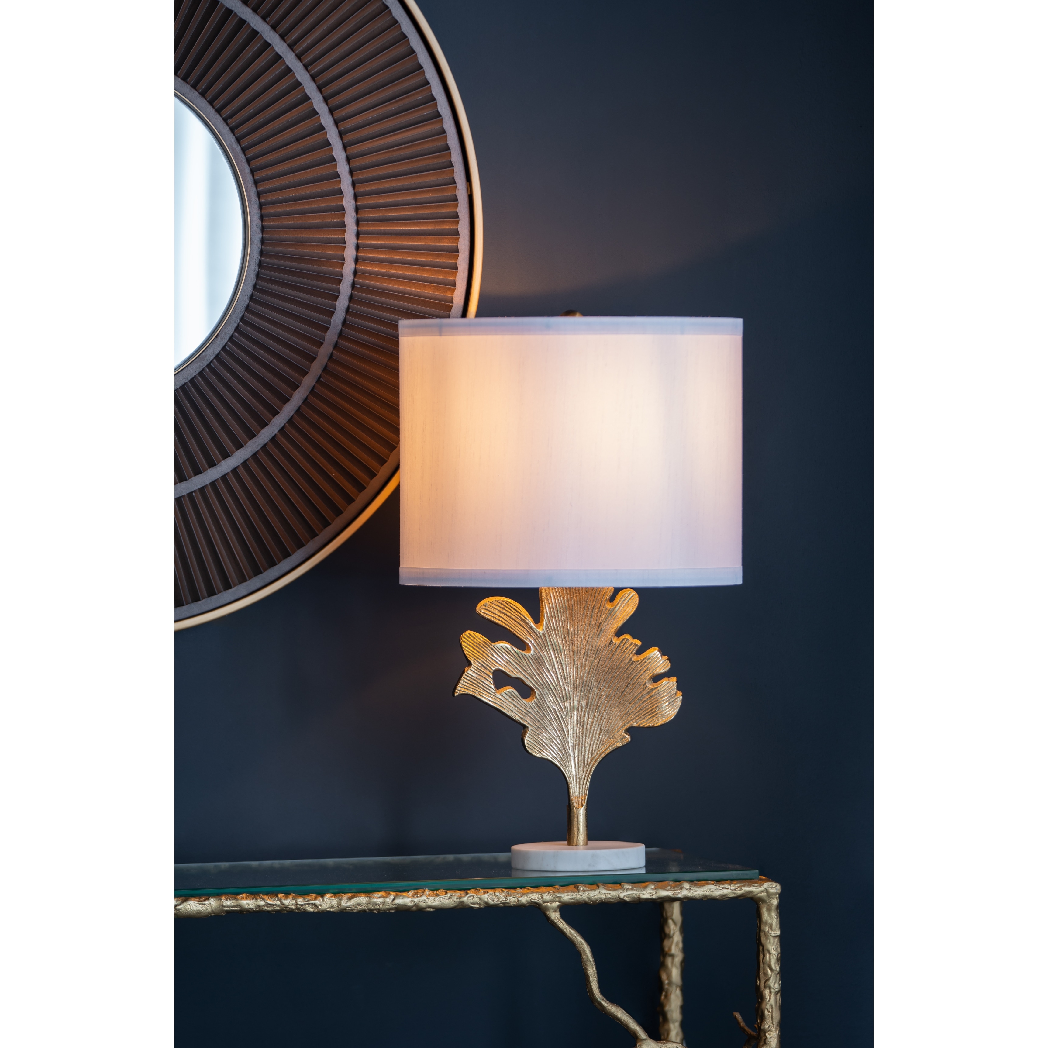 D13x22.2" Gold and White Table Lamp with Leaf Design