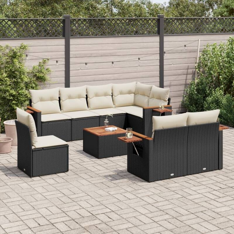 vidaXL Patio Sofa Set with Cushions Outdoor Conversation Furniture Poly Rattan - Black and cream with table - 21.7 x 21.7 x 14.6 in