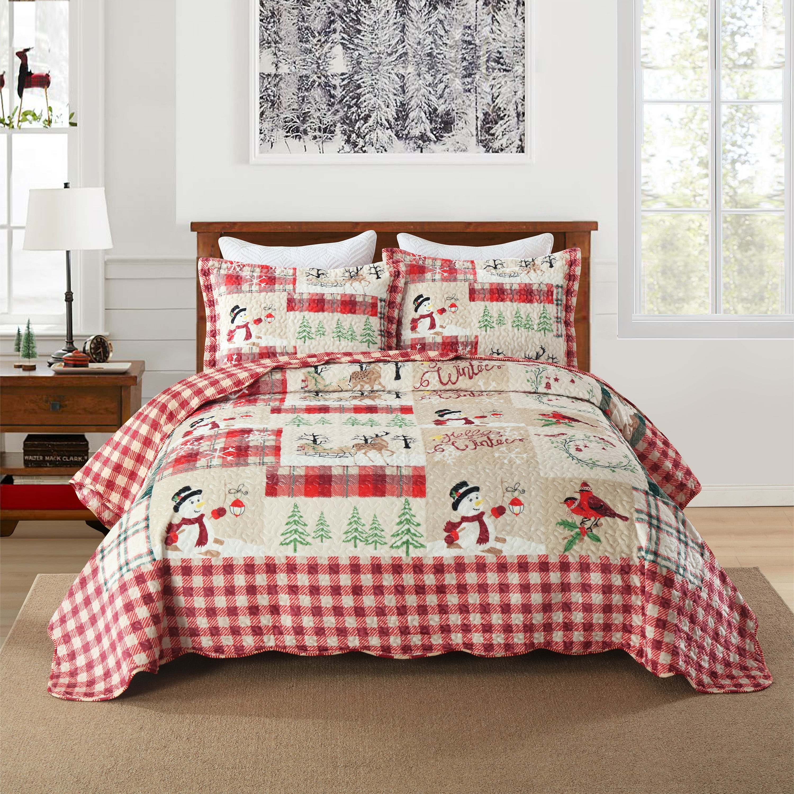 MarCielo 3 Pc Velvet Quilted Christmas Quilt Set